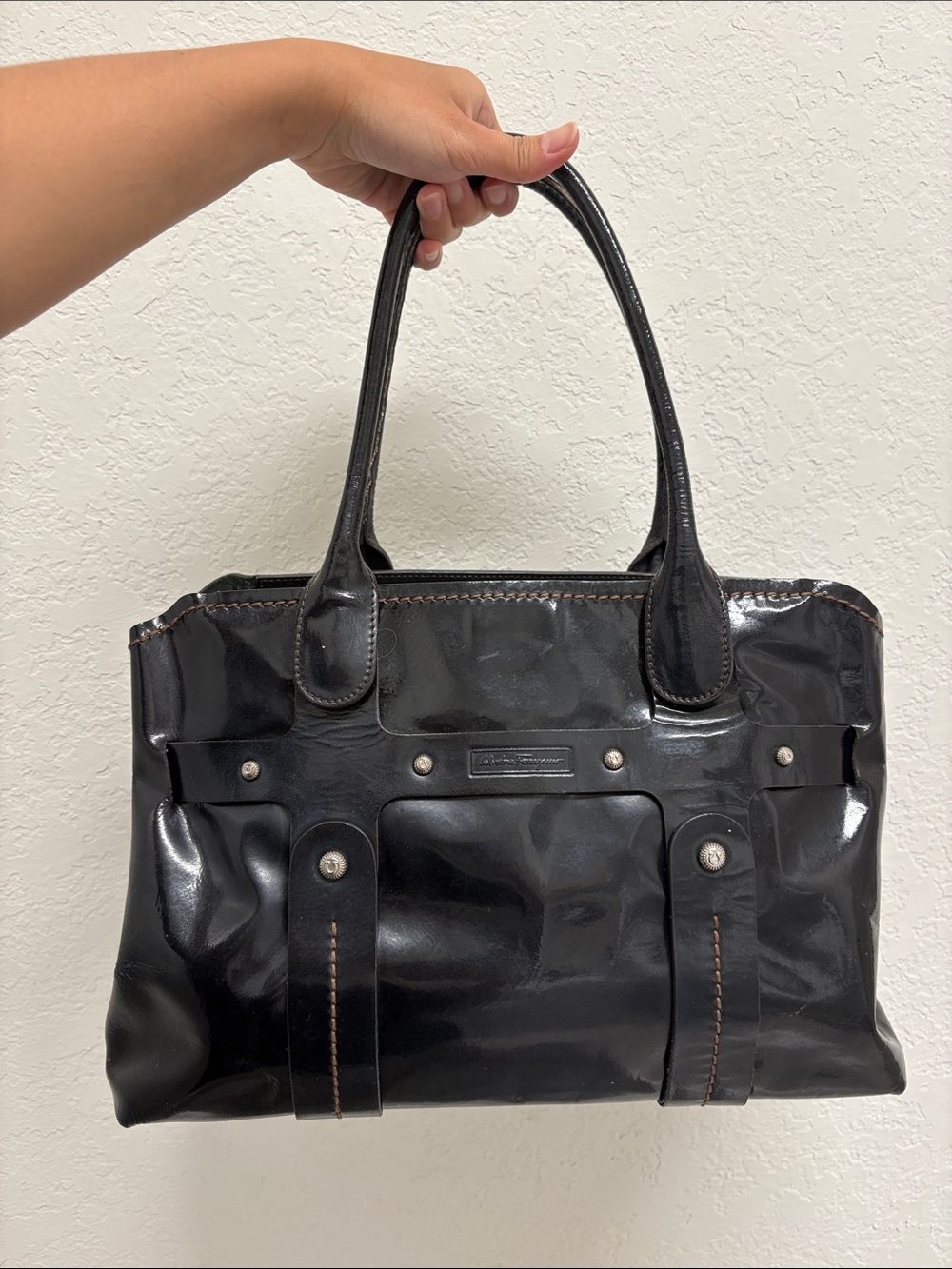 Salvatore Ferragamo Black Patent Leather Tote Bag
